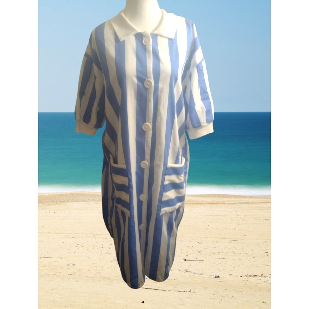 VTG Charm Button Robe Dress Terri Cloth Lining Pockets Beach Cover Stripes Blue